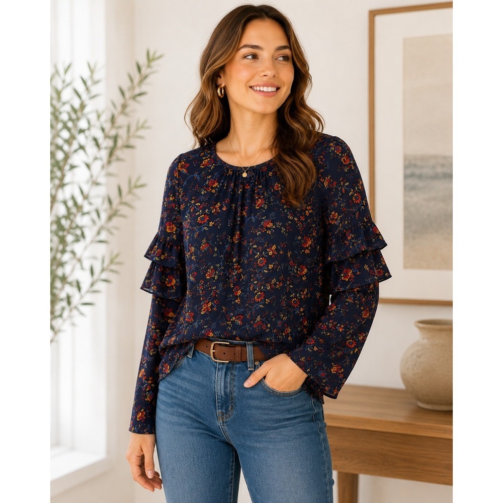 Madewell Navy Floral Blouse M Tiered Ruffle Sleeve Boho Fall Top